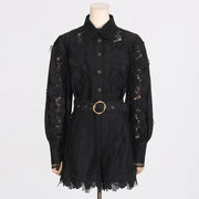 French Style Temperament Elegant Style Fashion Polo Collar Embroidered Lace Shirt Shorts Suit