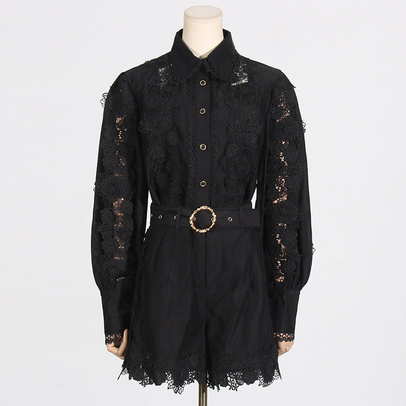 French Style Temperament Elegant Style Fashion Polo Collar Embroidered Lace Shirt Shorts Suit