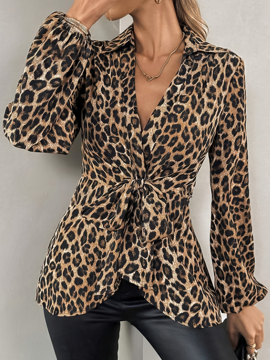 Tiger Printed Lace-up V-neck Elegant Long-sleeve Top