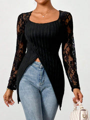 Lace Stitching Long Sleeve Irregular Top
