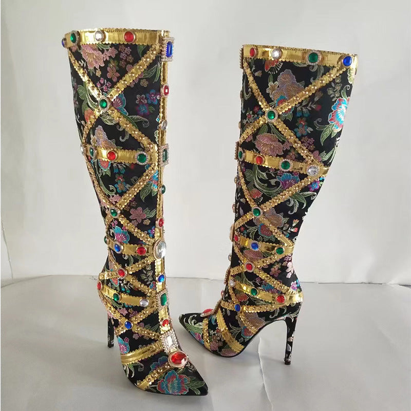 Luxe Jewel Embellished Embroidered Knee-High Boots