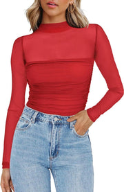Round Neck Mesh Stitching Sheer Long Sleeve Top