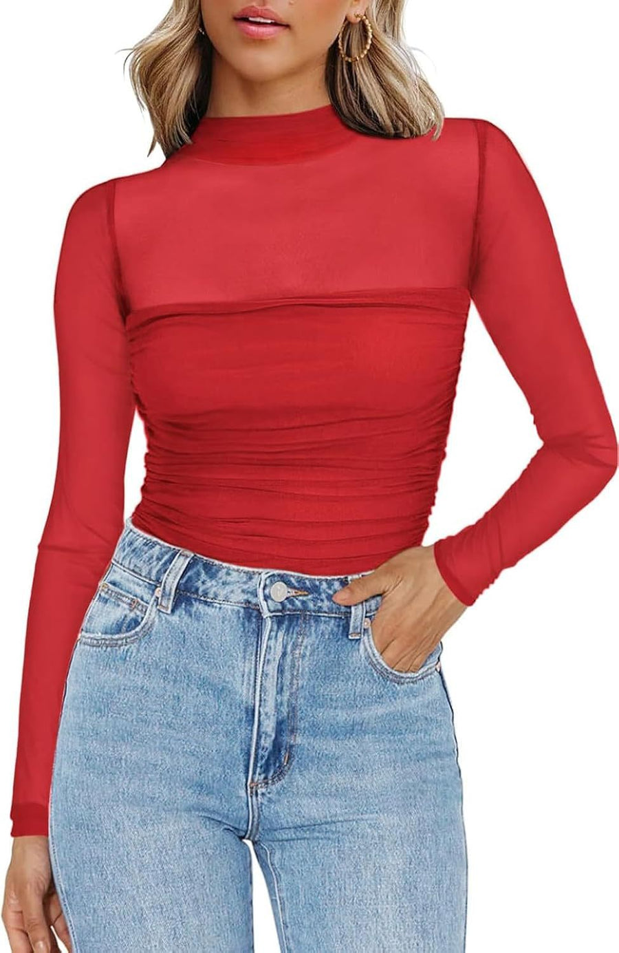 Round Neck Mesh Stitching Sheer Long Sleeve Top