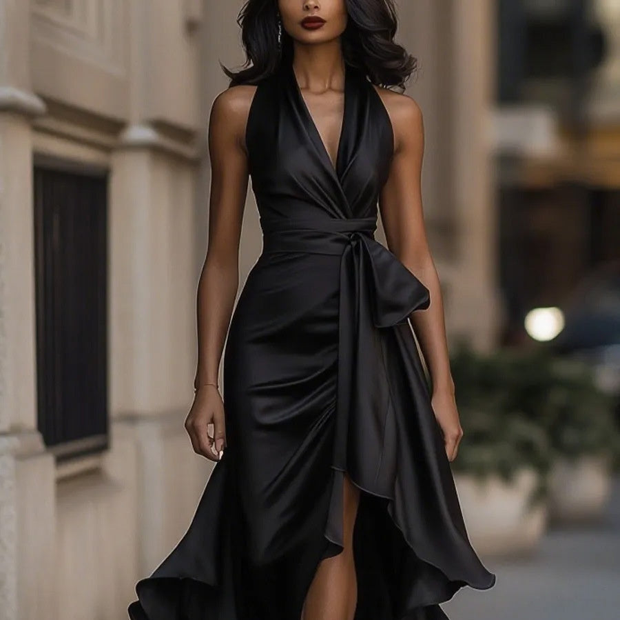 Elegant Deep V-neck Irregular Sexy Saten Dress