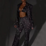 Super Sexy 3pcs Shiny Long-sleeved Suit With Bra Lapel Blazer And Straight-leg Trousers