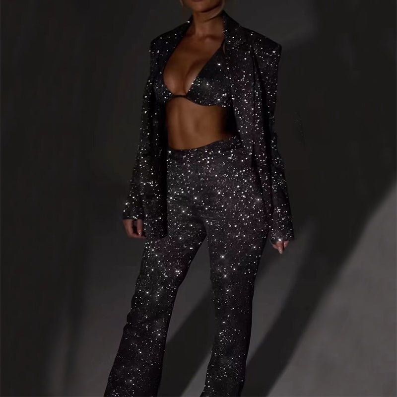 Super Sexy 3pcs Shiny Long-sleeved Suit With Bra Lapel Blazer And Straight-leg Trousers