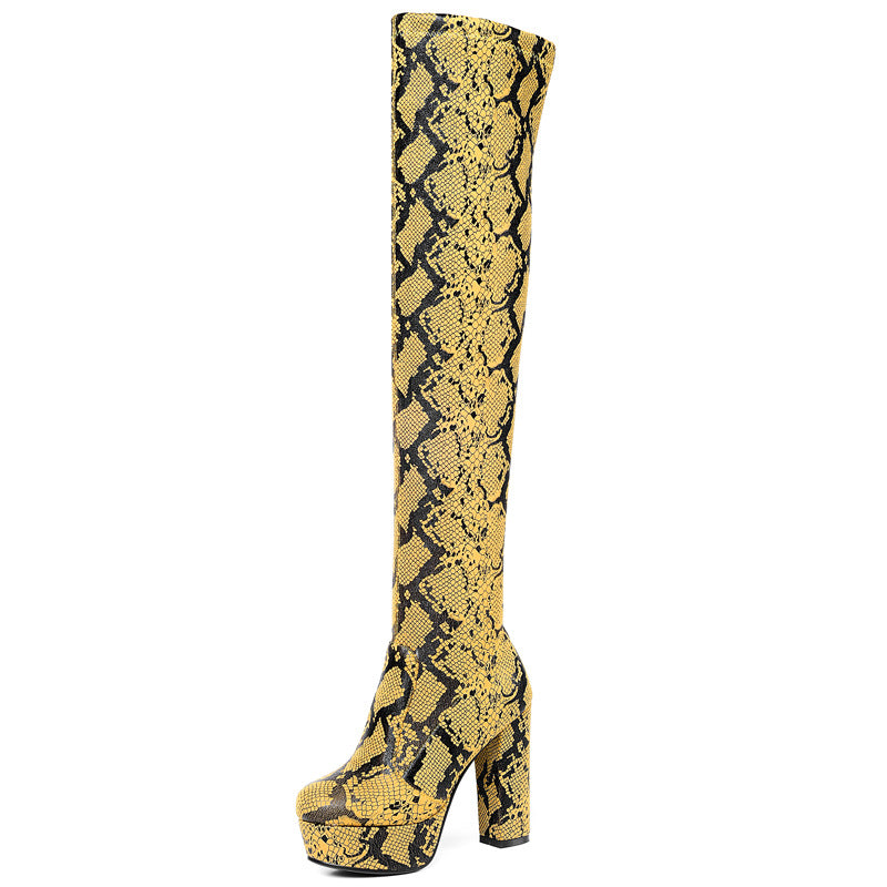Sexy Platform Over-The-Knee Boots with Exotic Snake Print