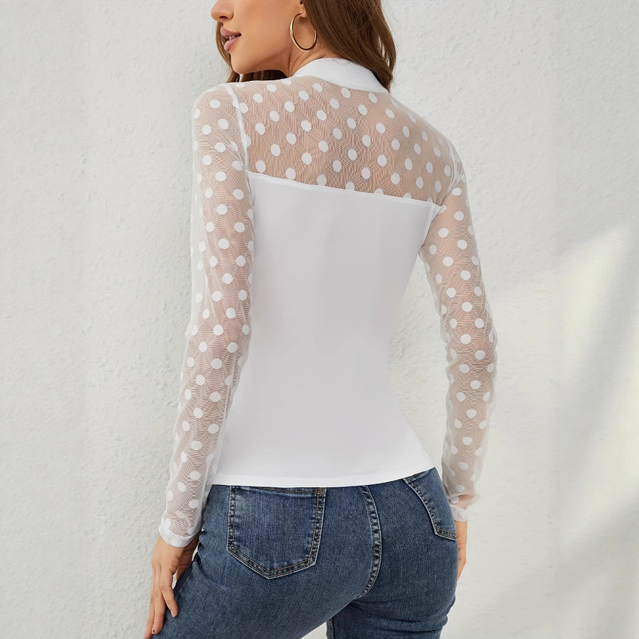 Mesh Dot Patchwork Stand-up Collar Pullover Slimming All-match Top