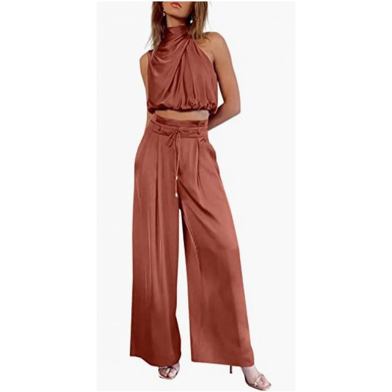 Chic Sleeveless Crop Top & Wide-Leg Pants Set