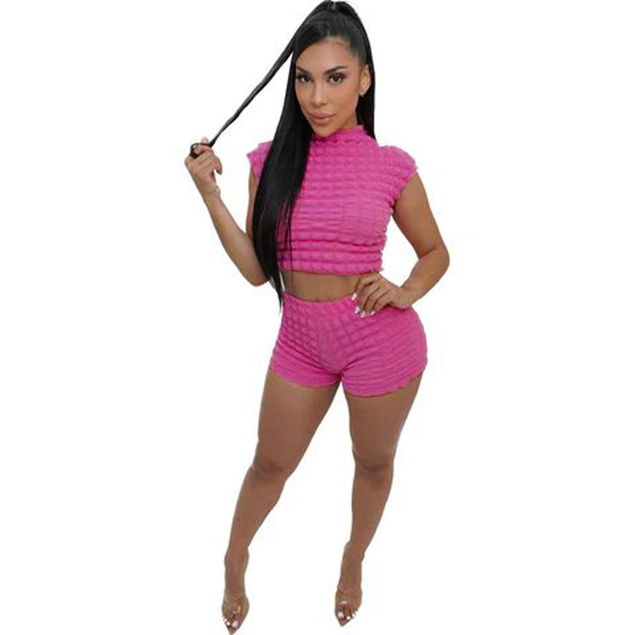 Chic Popcorn Texture Crop Top & Shorts Set