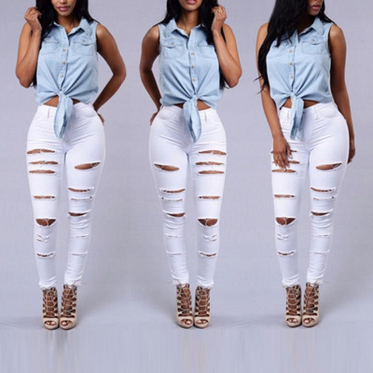 Ripped Jeans - Skinny Trousers - High Waist Pencil Pants