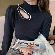 Beaded Half Turtleneck Puff Sleeve Long Sleeve Bottoming Top