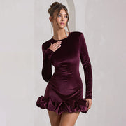 Round Neck Long Sleeve Velvet Three-dimensional Pleated Dress