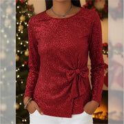 Holiday Style Shiny Lace-up Bow-knot Long-sleeve Top