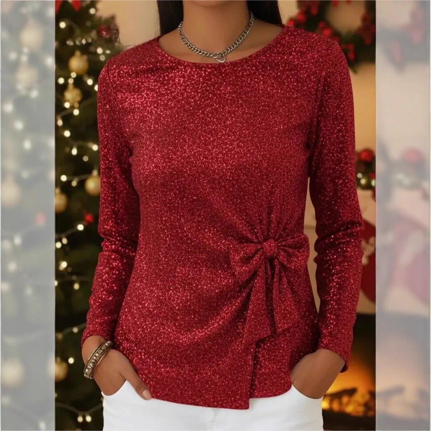 Holiday Style Shiny Lace-up Bow-knot Long-sleeve Top